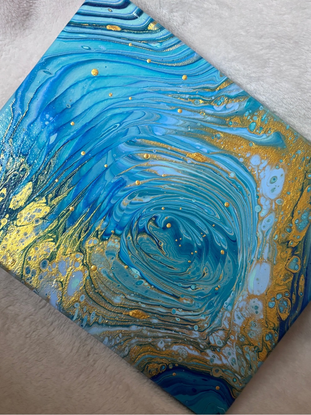 Original Acrylic Painting 8x10 Blue Gold Ocean Geode Fluid Abstract Wall Art